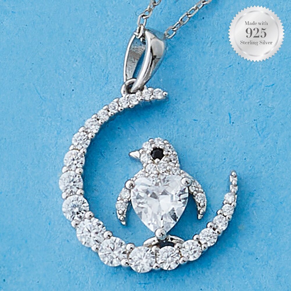 Penguin and Moon Necklace - 925 Sterling Silver Charmed Aroma Penguin Collection